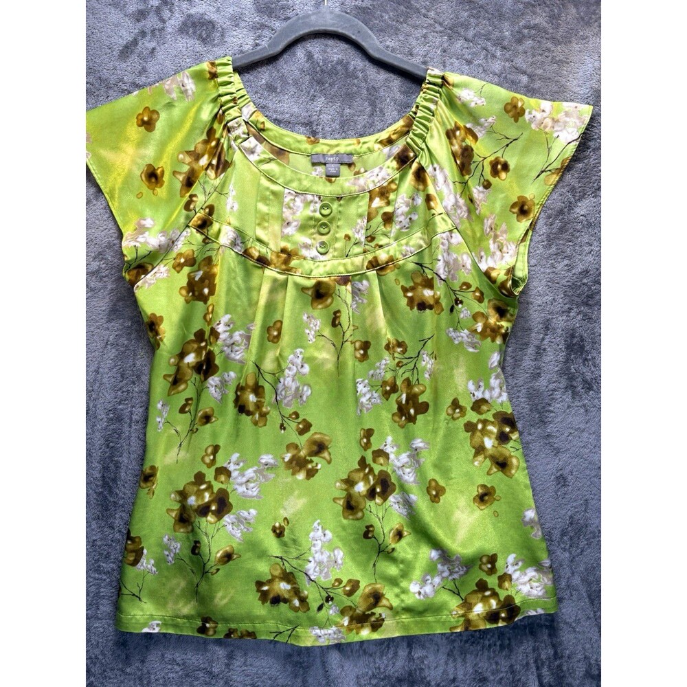 Apt. 9 Women’s Green Floral Pleated Button Scoop Neck Short Sleeve Blouse L